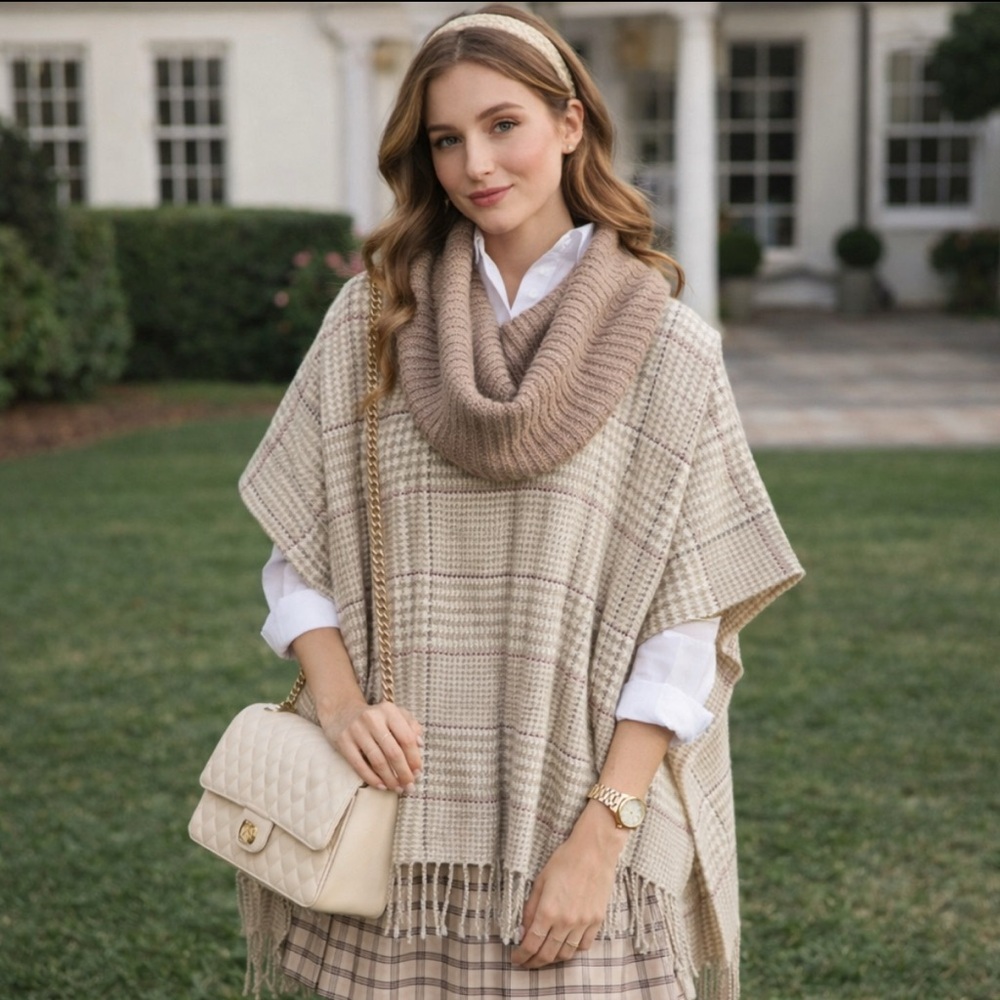 V.FRAAS Plaid Cozy Oversized Preppy Academia Warm Poncho Cape Shawl One Size NEW